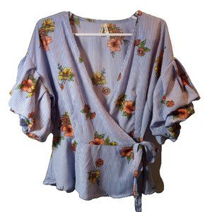 Blue Striped Floral Wrap Blouse Puffy Sleeves & Linen Shorts Duo